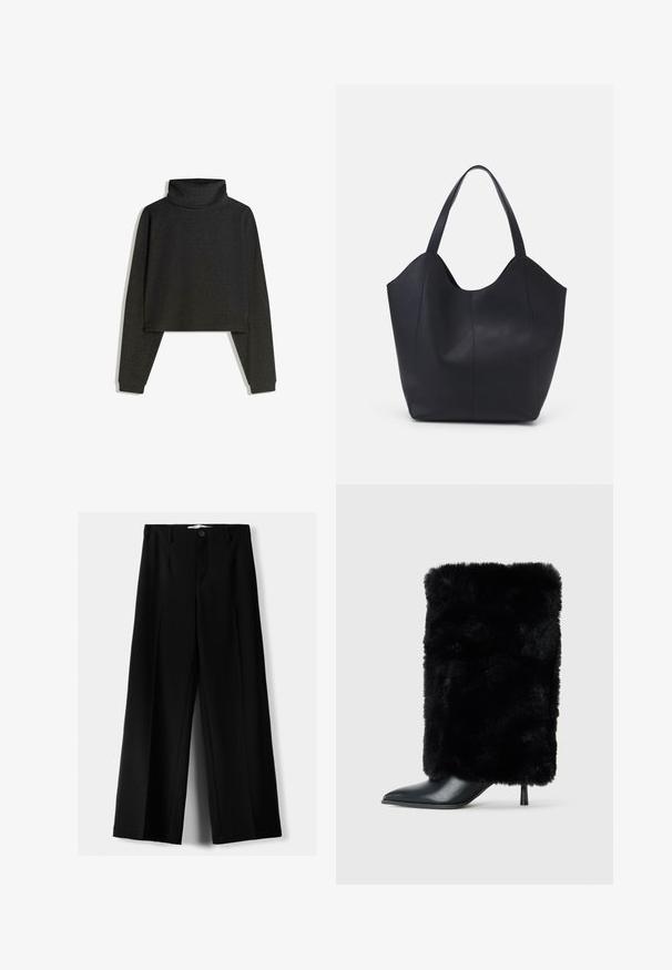 Maglione girocollo nero a coste con maniche lunghe, design cropped e tessuto testurizzato. Presenta un colletto aderente e polsini larghi.; Pantaloni neri a gamba larga realizzati in tessuto leggero, caratterizzati da una chiusura frontale con bottone e frontale piatto, con orli cuciti con precisione.; Stivaletto nero con punta a punta e tacco a stiletto, caratterizzato da un'asta in morbido pelo sintetico nero. Dettaglio in pelle liscia sulla punta.; Borsa tote nera realizzata in pelle liscia, con una parte superiore curva e aperta, dotata di due manici per spalla e un design minimalista.