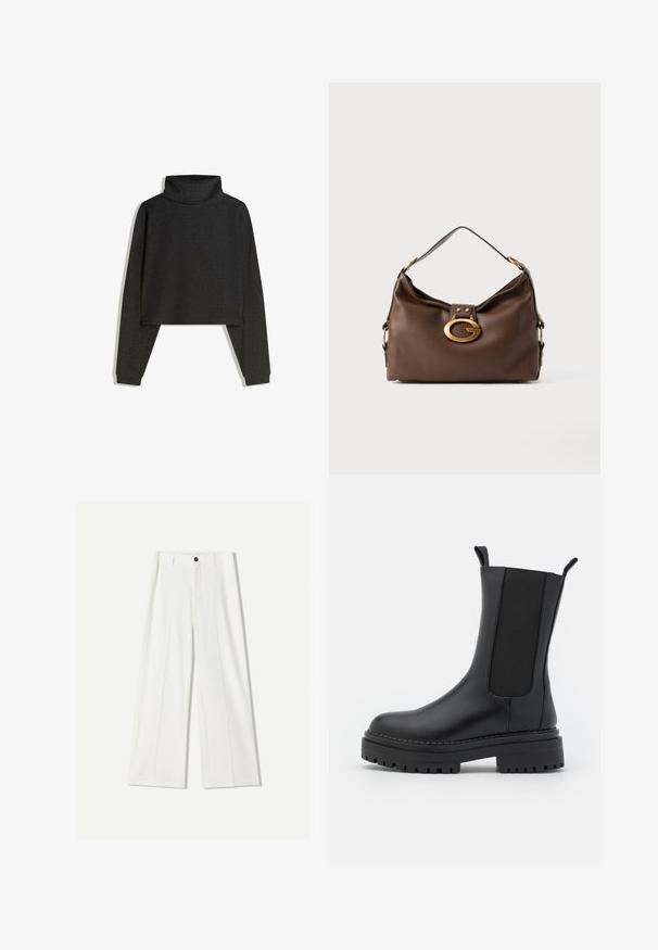 Zwarte, geribde turtleneck trui met lange mouwen, cropped ontwerp en gestructureerde stof. Beschikt over een aansluitende kraag en wijde manchetten.; Witte wijde pantalon van soepel materiaal, met een sluiting aan de voorkant met een knoop en geplooide details. Plat voorkant ontwerp, zonder zichtbare zakken.; RAID CHERISH - Plateaulaarzen - black; Bruine leren handtas met een textuurafwerking, voorzien van een gouden sluiting en een enkele, gebogen schouderriem.