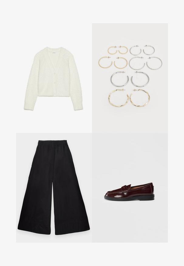 Valkoinen, teksturoitu neuletakki, jossa on V-pääntie, pitkät hihat ja viisi nappia edessä. Pehmeä, pörröinen materiaali, jossa on lyhyt muoto.; Kaksi pitkähihainen bodya: toinen vaaleanvihreä ja toinen musta. Molemmissa on neliön muotoinen pääntie ja tiukka muotoilu sileällä pinnalla.; Mustat leveät housut, jotka on valmistettu sileästä ja kevyestä kankaasta. Housuissa on joustava vyötärö ja siisti, minimalistinen muotoilu ilman kuvioita.; Tumman viininpunainen nahkaloaferi, jossa on musta pohja, kolikkopussiyksityiskohta ja matala korko, näkyy ulkopuolelta valkoista taustaa vasten.; Kaksitoista rengaskiinnityksellä olevaa korvakorua hopea- ja kultasävyissä. Mukana on kiemuraisia, sileitä ja teksturoituja malleja eri kokoisina ja viimeisteltyinä.