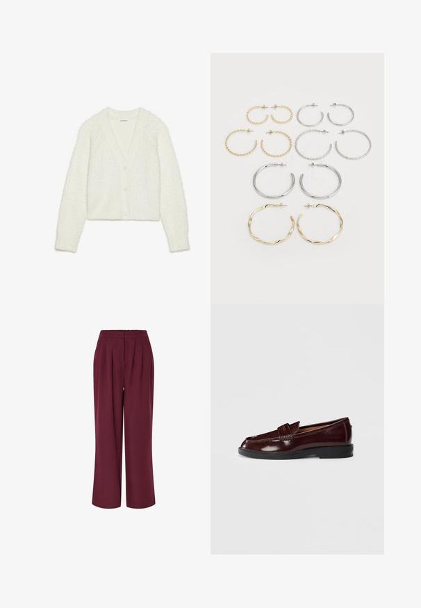 Balts, strukturēts kardigans ar V veida kakla izgriezumu, garām piedurknēm un piecām pogām priekšpusē. Mīksts, pūkains materiāls ar saīsinātu dizainu.; Platas kājas bikses burgundijas krāsā, ar priekšējiem izšuvumiem un elastīgu jostasvietu. Gluda tekstūra, pilnas garuma dizains.; Tumši bordo ādas loaferi ar melnu zoli, centa jostu un zemu papēdi, attēloti no ārpuses uz balta fona.; Divpadsmit auskaru komplekts ar riņķiem sudraba un zelta tonī. Ietver vītņotus, gludus un teksturētus dizainus ar dažādiem izmēriem un apdares veidiem.