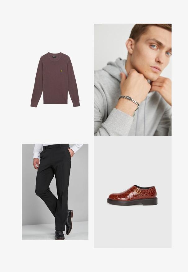 Pull en maille dans un mauve doux, avec un col rond et des accents côtelés au niveau du col et des poignets. Petit logo jaune sur la poitrine gauche.; Pantalons de costume noirs avec une coupe ajustée, présentant une texture lisse, des jambes droites et des passants de ceinture, associés à des chaussures de costume noires vernies.; Chaussures en cuir marron avec une texture crocodile, dotées d'une boucle carrée en or, d'un bout arrondi lisse et d'une semelle épaisse noire.; Bracelet en chaîne argentée arborant une étiquette rectangulaire noire gravée avec "BOSS". Porté sur une main contre un fond de hoodie gris.