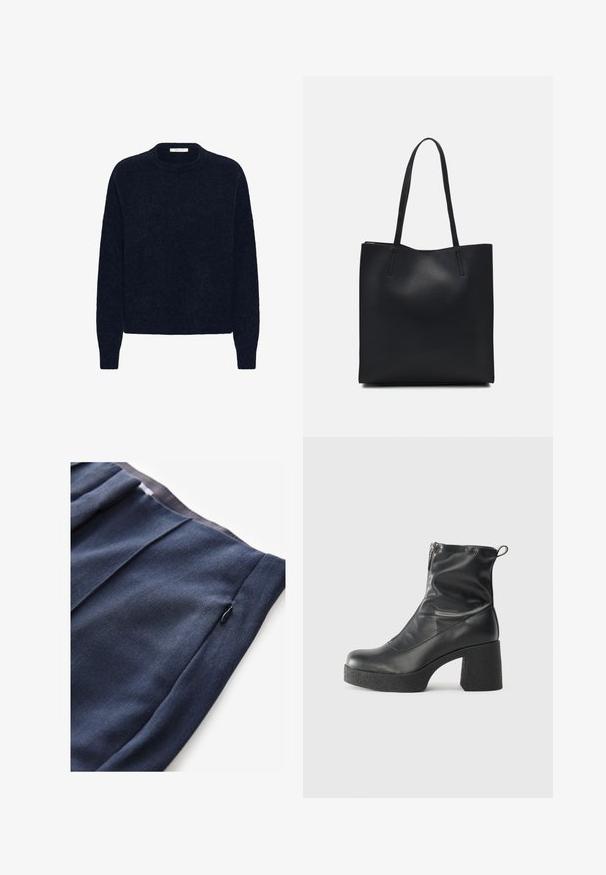 Suéter de punto azul marino con mangas largas, escote redondo y un ajuste holgado. Textura suave con sutiles variaciones en el tejido.; Pantalones azul marino de tela texturizada, con un bolsillo lateral con cremallera y detalles con pliegues en la cinturilla.; Botines negros de tobillo, hechos de cuero suave, con cierre lateral, tacón grueso texturizado y diseño de punta redondeada.; Bolso tote de cuero negro con textura lisa, forma rectangular y dos asas largas. Sin herrajes ni adornos visibles.