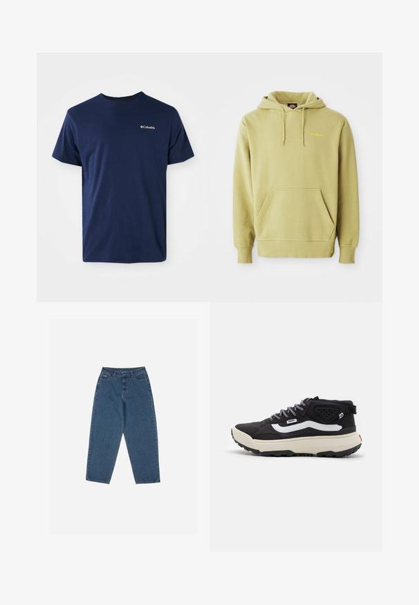 Heled roheline kapuutsiga sviiter, millel on tasku, paelad, soonikuga varrukad ja väike kollane "Dickies" logo rinnal.; Tumed sinine puuvillane lühikeste varrukatega T-särk, ümmarguse kaelusega ja väikese valge Columbia logoga vasakul rindkere kohal. Pehme tekstuur, klassikaline lõige.; Sinised teksased, mis on lõdva lõikega, kõrge vöökohaga, viie tasku disainiga ja õmblusaktsentidega. Omab nupuga ja tõmblukuga sulgemist.; Must must suus, millel on tekstuuriga ülemine osa, valge külgtriip, hallad pitsid ja paks koorevärvi põhi. Omab tugevdatud kontsa ja musta allosa.