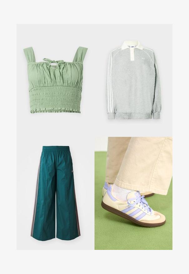 Grå fleece långärmad polo med krämfärgad krage, tre knappar och vita ränder längs ärmarna. Mjuk textur genomgående.; Ljusgrön topp med smockad textur, breda axelremmar och knytning vid halsen. Har rynkat tyg för en avslappnad passform.; Teal vida byxor med elastiskt midjeband, med randiga accenter i rosa och vitt på sidorna, tillverkade av lätt tyg.; Krämfärgade och lavendelfärgade sneakers med tre ränder och en texturerad brun sula, med snören och en vadderad häl. Mjuk tygobero.