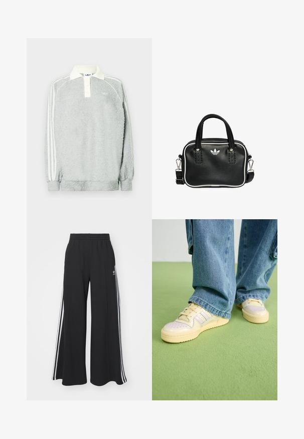 Gray fleece long-sleeve polo with a cream collar, three buttons, and white stripes along the sleeves. Soft texture throughout.; Black wide-leg sweatpants with an elastic waistband, featuring white side stripes and an embroidered logo on the left thigh.; Sneakers with a cream upper and textured rubber sole, featuring perforated detailing and layered accents in pale blue and beige.; Black leather handbag with two short handles, silver hardware, white accents, and a white logo. Features a textured surface and compact design.