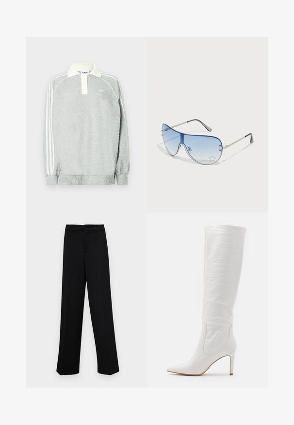 Γκρί φλις μακρύ μανίκι πόλο με κρεμ γιακά, τρία κουμπιά και λευκές ρίγες κατά μήκος των μανικιών. Απαλή υφή σε όλη την επιφάνεια.; Μαύρο παντελόνι φάρδιας γραμμής από μαλακό ύφασμα, με κλασική ζώνη στη μέση που κλείνει με κουμπί και μπροστινές πιέτες.; RAID TRIBUTE - Μπότες με ψηλό τακούνι - white; Γυαλιά ηλίου aviator με γκριδενά μπλε φακούς, ασημένιο μεταλλικό σκελετό και διακοσμητικά αστέρια στους φακούς. Λείος και κομψός σχεδιασμός.