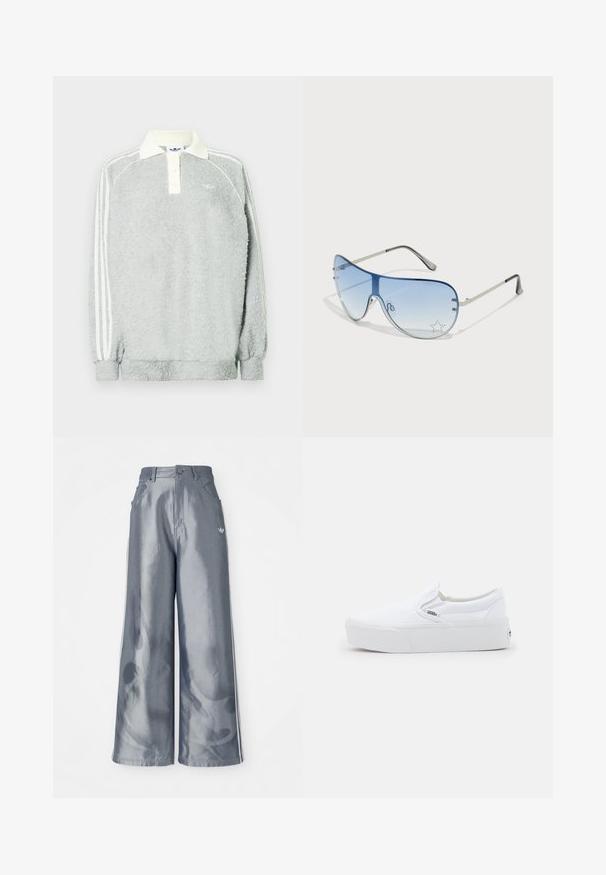 Szürke polár hosszúujjú póló krémszínű gallérral, három gombbal, és fehér csíkokkal az ujjak mentén. Puha tapintású az egész felülete.; Fényes szürke anyagú, bőszárú nadrág, fehér oldalsávokkal és lángmintával az alsó lábakon. Gombos és cipzáras záródás a deréknál.; Fehér Vans slip-on sneaker vastag talppal és diszkrét logó címkével az oldalon, profilból, sima világos háttér előtt látható.; Pilóta napszemüveg, melynek áttetsző kék lencséje, ezüst fém kerete és díszes csillag díszítések találhatók a lencsén. Simogató és elegáns dizájn.