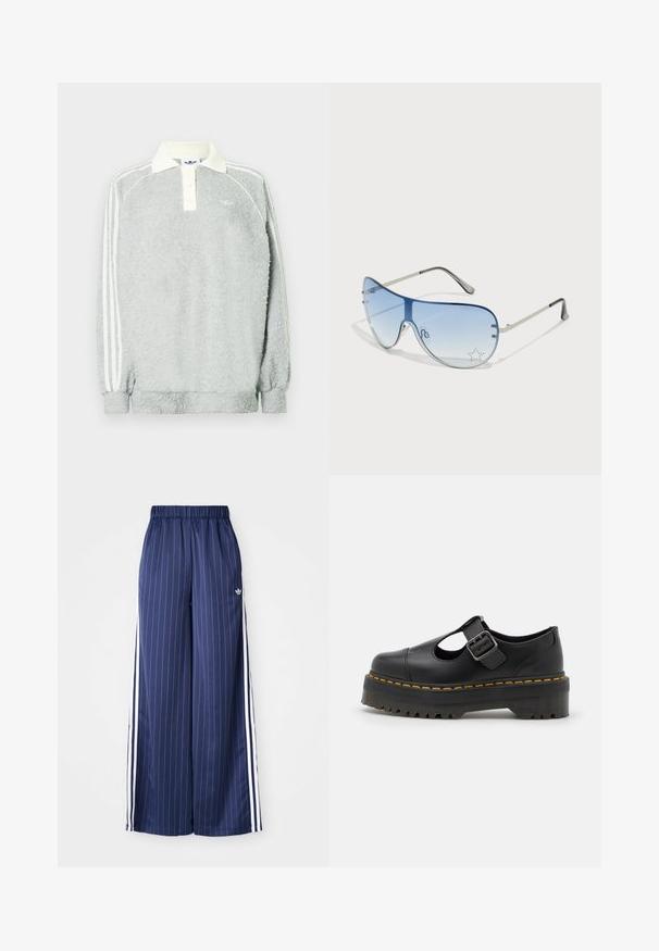 Γκρί φλις μακρύ μανίκι πόλο με κρεμ γιακά, τρία κουμπιά και λευκές ρίγες κατά μήκος των μανικιών. Απαλή υφή σε όλη την επιφάνεια.; Ναυτικά μπλε παντελόνια με φαρδύ πόδι και κατακόρυφες λευκές ρίγες, με ελαστική μέση και τρεις λευκές ρίγες σε κάθε πλευρά, κατασκευασμένα από ελαφρύ υλικό.; Dr. Martens BETHAN - Παπούτσια χωρίς κορδόνια - black; Γυαλιά ηλίου aviator με γκριδενά μπλε φακούς, ασημένιο μεταλλικό σκελετό και διακοσμητικά αστέρια στους φακούς. Λείος και κομψός σχεδιασμός.