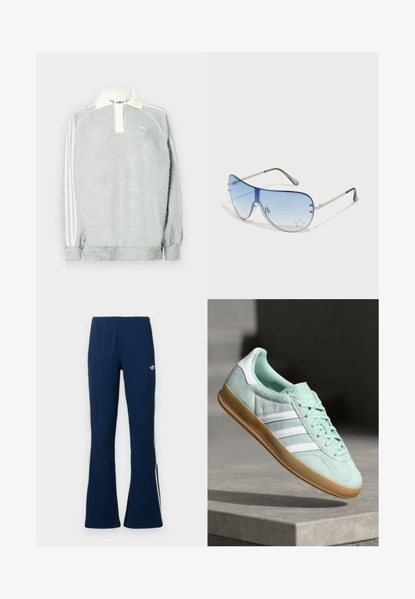 Grå fleece langermet polo med kremfarget krage, tre knapper og hvite striper langs ermene. Myk tekstur gjennom hele.; Marineblå ribbestrikkede vide treningsbukser med hvite side-striper og en brodert logo på venstre side, med to sidelommer.; Adidas Gazelle sneakers i mintgrønn semsket skinn med hvite detaljer, snøring og gummisåle. Har tre hvite striper.; Pilotbriller med gradient blå linse, sølvfarget metallramme og dekorative stjerneaksenter på linsen. Glatt og stilren design.