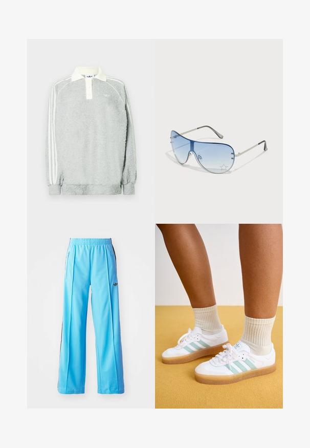 Siva flis polo majica z dolgimi rokavi in kremastim ovratnikom, tremi gumbi in belimi črtami ob rokavih. Mehka tekstura po celi površini.; Svetlo modri atletski hlače z elastičnim pasom, stranskimi zadrgami in črnimi stranskimi akcenti. Mehka tkanina z ohlapnim, širokim modelom.; Bele športne copate z metino zelenimi črtami, gumijastim podplatom in vezalkami, v kombinaciji z rebrastimi smetanovimi nogavicami. Postavljeni na rumeni ozadju.; Pilotne sončne očala z gradijentnimi modrimi lečami, srebrnim kovinskim okvirjem in okrasnimi zvezdastimi detajli na lečah. Gladek in eleganten dizajn.