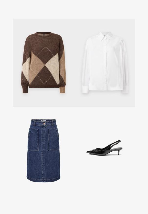 Καφέ και μπεζ πουλόβερ πλεκτού με σχέδιο καρό και μακριά μανίκια, με ραμμένα μπατζάκια, σε λευκό φόντο.; Λευκό πουκάμισο με μακρύ μανίκι και κουμπιά σε απαλή μίξη βαμβακιού. Διαθέτει κλασικό γιακά, μπροστινή κλείσιμο με κουμπιά και στρογγυλεμένα μανίκια.; Τζιν φούστα A-line σε σκούρο μπλε, με δύο μεγάλες μπροστινές τσέπες, κεντρικό κούμπωμα με κουμπιά και αντίθεση ραφές κατά μήκος των ραφών.; Μαύρα δερμάτινα τακούνια slingback με尖尖 toe, μικρό kitten heel και διακοσμητική λεπτομέρεια με κόμπο στο μπροστινό μέρος. Λείος υφή σε όλη την επιφάνεια.