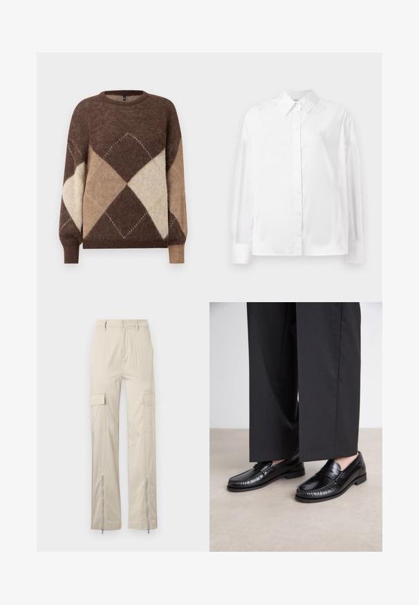 Brown and beige argyle patterned knit sweater with long sleeves and ribbed cuffs on a white background.; White long-sleeve button-up shirt in a smooth cotton blend. Features a classic collar, front button closure, and rounded cuffs.; Beige cargo pants with a relaxed fit, featuring side pockets, zippered cuffs, and a smooth texture. Fabric is lightweight and durable.; Black leather loafers with a smooth finish, stitched detailing around the toe, and a low rubber sole. Paired with wide black trousers.