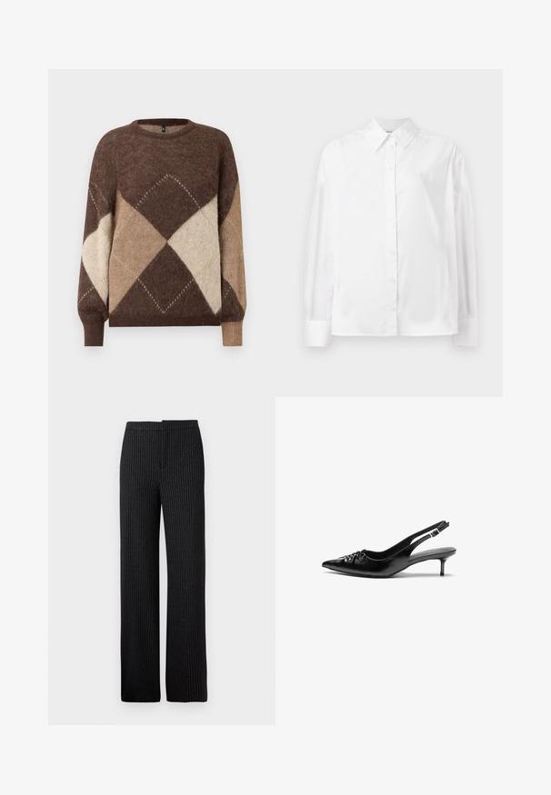 Brun och beige rutig mönstrad stickad tröja med långa ärmar och ribbade fållar på en vit bakgrund.; Vit långärmad knapp-up skjorta i en mjuk bomullsblandning. Utrustad med klassisk krage, frontknäppning och rundade manschetter.; Svarta byxor med smalrandig design och rak passform, med en slät textur och midjeband, som är lämpliga för formella eller affärsmässiga kläder.; Svarta läder slingback klackar med spetsig tå, liten kittenklack och en dekorativ knutdetalj på framsidan. Slät textur hela vägen.