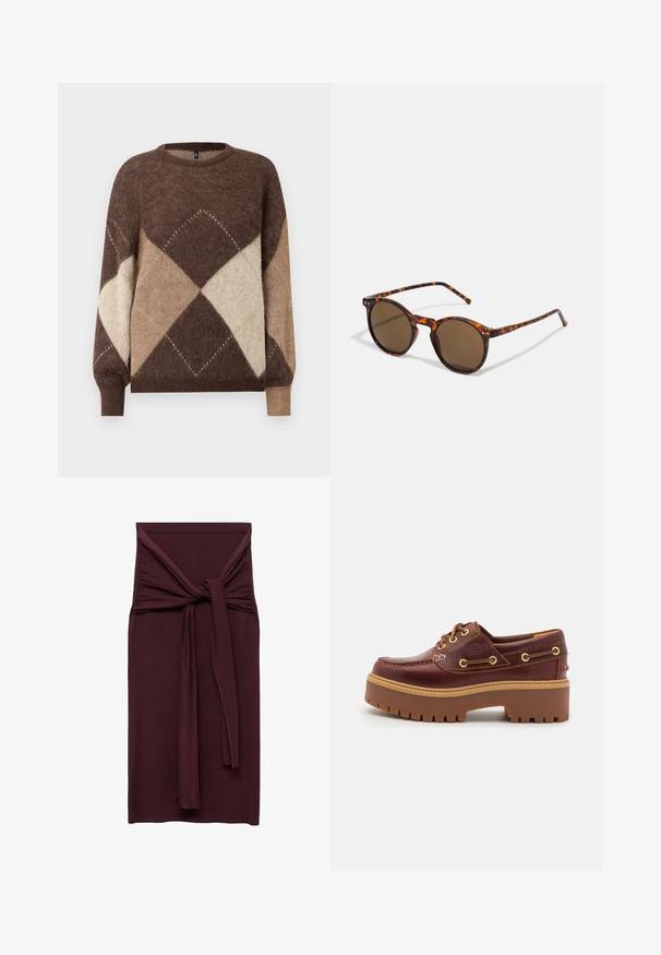 Un pull en maille à motif argyle marron et beige avec des manches longues et des poignets côtelés sur un fond blanc.; Robe bordeaux avec un détail de nœud à la taille, fabriquée en tissu lisse et extensible. Silhouette ajustée avec une longueur droite.; Chaussure bateau en cuir marron avec une semelle en caoutchouc marron épaisse, œillets dorés et coutures contrastantes. Présente un logo sur le côté.; Lunettes de soleil rondes avec une monture en écaille de tortue et des verres marron. Elle présente des branches fines avec une légère texture et des accents en métal près des verres.