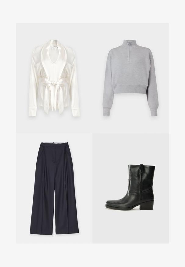 Svetlo sivi skrajšani pulover z visokim ovratnikom, polno zadrgo in dolgimi rokavi. Mehka tekstura in rebrast rob na dnu.; Bela satenska halja z ogrlicom, dolgimi rokavi in pasom pri pasu. Gladka tekstura z rahlo sijajnostjo in stranskimi žepi.; Victoria Beckham WIDE LEG TROUSER - Hlače - midnight; Črne usnjene gležnjarje z zaobljenim nosom, blok peto, stransko zadrgo in šivanjem na vampu. Gladka tekstura, klasična zasnova.