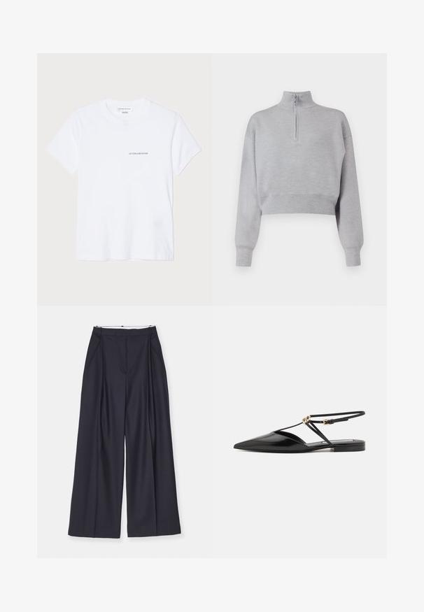 Jasnoszary skrócony sweter z wysokim dekoltem, pół-zamkiem i długimi rękawami. Miękka tekstura i prążkowany dół.; Biała bawełniana koszulka z krótkim rękawem, okrągłym dekoltem i małym czarnym logo "VICTORIA BECKHAM" na piersi. Minimalistyczny design.; Biała skórzana bluzka, wykonana z bawełny, z przodu zapinana na guziki, z kołnierzykiem w szpic, długimi rękawami oraz jedną kieszonką na piersi. Gładka faktura.; Victoria Beckham - Spodnie materiałowe; Victoria Beckham - Sandały