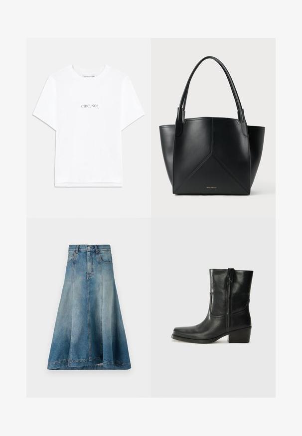 Světlé šedé zkrácené svetřík s vysokým límcem, polovičním zipem a dlouhými rukávy. Měkká textura a žebrovaný lem na spodním okraji.; Bílá bavlněná tričko s krátkými rukávy a rovním lemem. Uprostřed je v černém písmu nápis "CHIC, NO?". Klasický design s kulatým výstřihem.; Denimová A-čková sukně v světlomodrém odstínu s vysokým pasem, bočními kapsami a švy, které sahají až k lemování.; Černá kožená kotníková bota s kulatou špičkou, blokovým podpatkem, bočním zipem a prošíváním na svršku. Hladký povrch, klasický design.; Černá kožená taška na rameno s geometrickým designem, vybavená dvěma uchy a zlatým brandingem na přední straně. Hladká textura a strukturovaný tvar.