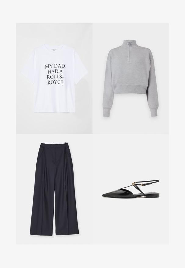 Světlé šedé zkrácené svetřík s vysokým límcem, polovičním zipem a dlouhými rukávy. Měkká textura a žebrovaný lem na spodním okraji.; Bílý tričko s krátkým rukávem vyrobené z bavlny. Vyznačuje se tučným černým textem: "MŮJ TÁTA MĚL ROLLS-ROYCE." Logo štítku na límci. Jednoduchý design.; Bílá zkrácená košile vyrobená z bavlny, se zapínáním na knoflíky, špičatým límečkem, dlouhými rukávy a jednou náprsní kapsou. Hladká textura.; Victoria Beckham WIDE LEG TROUSER - Kalhoty - midnight; Victoria Beckham Páskové sandály - black