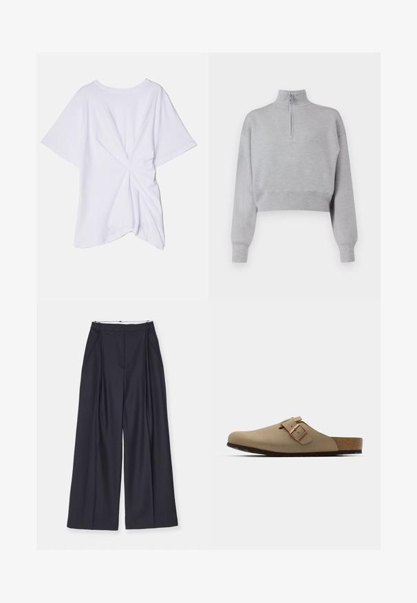 Jersey corto de color gris claro con cuello alto, cierre de media cremallera y mangas largas. Textura suave y dobladillo acanalado en la parte inferior.; Victoria Beckham BODY TWIST TEE - Camiseta estampada - white; Camisa blanca corta de algodón, con botones en la parte delantera, cuello de punta, mangas largas y un solo bolsillo en el pecho. Textura suave.; Victoria Beckham WIDE LEG TROUSER - Pantalones - midnight; Zuecos beige con puntera redondeada, acento de hebilla ajustable y plantilla de corcho. Superficie texturizada con suela de goma negra para mayor agarre.