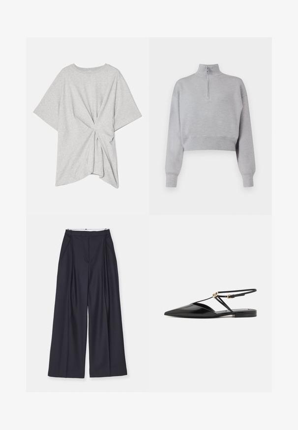 Světlé šedé zkrácené svetřík s vysokým límcem, polovičním zipem a dlouhými rukávy. Měkká textura a žebrovaný lem na spodním okraji.; Šedé tričko s krátkým rukávem vyrobené z měkké bavlny, s designem zkrouceného zadního dílu a volným, uvolněným střihem s kulatým lemem.; Victoria Beckham WIDE LEG TROUSER - Kalhoty - midnight; Victoria Beckham Páskové sandály - black