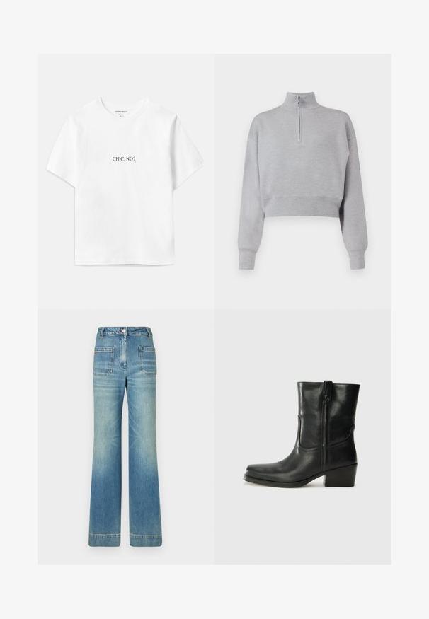 Jasnoszary skrócony sweter z wysokim dekoltem, pół-zamkiem i długimi rękawami. Miękka tekstura i prążkowany dół.; Biała bawełniana koszulka z krótkim rękawem i luźnym krojem, z czarnym napisem "CHIC, NO?" nadrukowanym z przodu i z tyłu.; Jasnoniebieskie dżinsy w kształcie dzwonów z pięcioma kieszeniami, szlufkami na pasek, zapięciem na guzik i lekko wyblakłą teksturą, z czerwonym logotypem na tyle.; Czarne skórzane botki za kostkę z okrągłym noskiem, słupkowym obcasem, bocznym zamkiem i przeszyciami na cholewce. Gładka tekstura, klasyczny design.