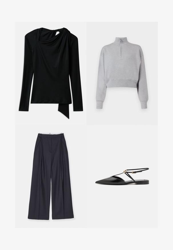 Jasnoszary skrócony sweter z wysokim dekoltem, pół-zamkiem i długimi rękawami. Miękka tekstura i prążkowany dół.; Czarna bluzka z długim rękawem, wykonana z gładkiego materiału, z dekoltem w drapowanej formie, asymetrycznym obszyciem i wycięciem z tyłu.; Biała skórzana bluzka, wykonana z bawełny, z przodu zapinana na guziki, z kołnierzykiem w szpic, długimi rękawami oraz jedną kieszonką na piersi. Gładka faktura.; Victoria Beckham - Spodnie materiałowe; Victoria Beckham - Sandały
