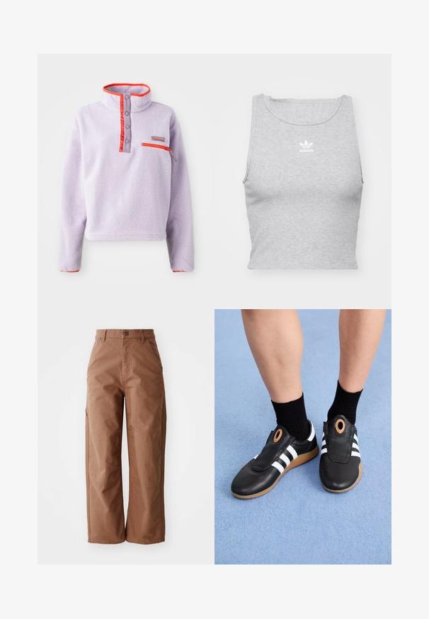 Lys lilla fleecepullover med høj krave, røde nylon detaljer, trykknapper og en lynlåslomme på venstre front.; Grå, ærmeløs crop top lavet af blødt stof, med rund halsudskæring og et lille hvidt Adidas-logo på brystet.; Brune bukser med brede ben lavet af slidstærkt stof. Har en høj talje, forlommer og diskrete syninger.; Sorte slip-on sko med hvide striber og et struktureret læderoverdel, med en cirkulær detalje nær åbningen og en gummirendsål.