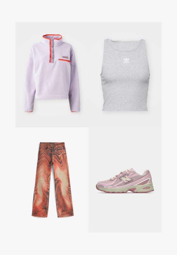 Light purple fleece pullover with a high collar, red nylon accents, snap buttons, and a zippered pocket on the front left.; Grey, sleeveless crop top made of soft fabric, featuring a round neckline and a small white Adidas logo on the chest.; Denim jeans featuring a bold red and beige swirl pattern, wide-leg design, front pockets, and traditional button-and-zip closure.; Pink and beige New Balance 740 sneaker with mesh and synthetic upper, lace-up closure, and cushioned sole shown in side profile.