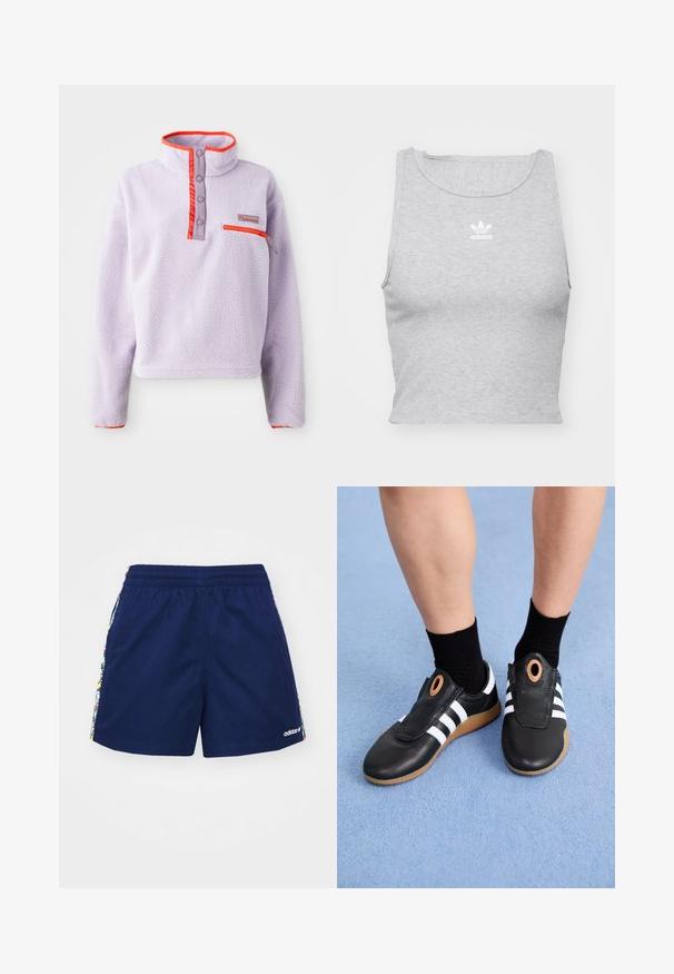 Svetlo vijolični flis pulover z visokim ovratnikom, rdečimi najlonskimi poudarki, gumbi na pritrditev in žepom z zadrgo na sprednji levi strani.; Sivina brezrokavna cropped majica iz mehkega blaga, z okroglim izrezom in majhnim belim Adidasovim logotipom na prsih.; Mornarsko modri šorti z elastičnim pasom, ki imajo barvite cvetlične stripe ob straneh in majhen bel logotip na spodnjem robu.; Črne slip-on čevlje z belimi črtami in teksturiranim usnjem na vrhu, ki imajo okrogel dodatek blizu odprtine ter gumijasti podplat.