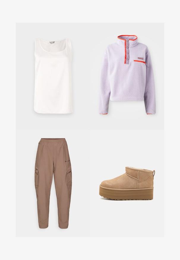 Lys lilla fleecegenser med høy krage, røde nylon detaljer, trykknapper og en glidelås lomme på venstre foran.; Hvit ermeløs topp med rund hals, laget av et glatt, skinnende stoff; enkel design uten mønstre eller utsmykninger.; Brune cargo bukser med elastisk talje, to sidelommer og et tekstureret stof. Har logo broderi på forsiden.; Beige semskede ankelstøvler med en fyldig indvendig foring, med en platformsål og en løkke bagpå for nem påtagning. Tekstureret gummisål.