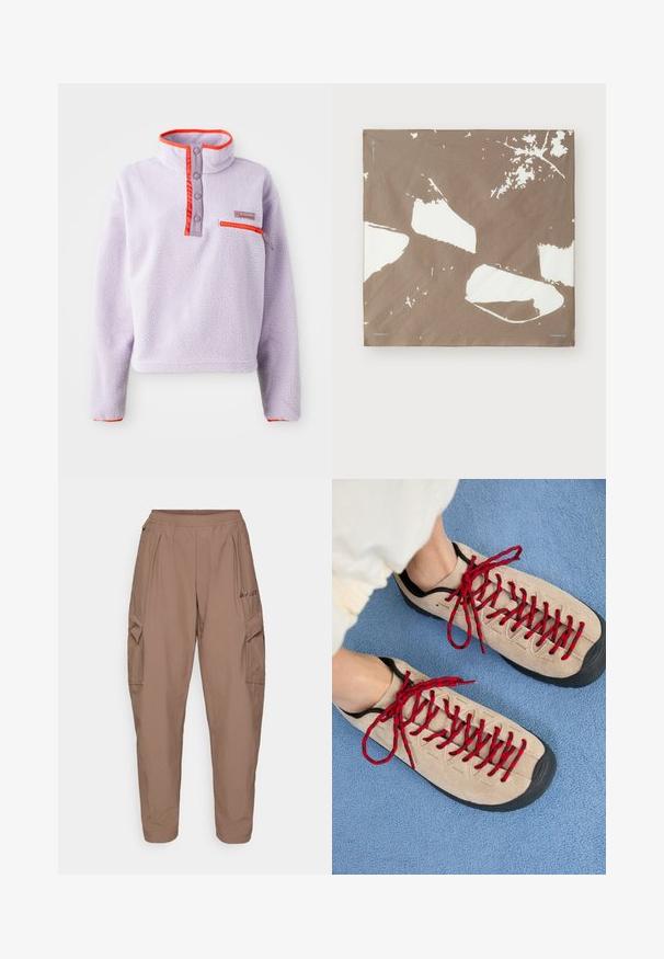 Hellblauer Fleece-Pullover mit hohem Kragen, roten Nylon-Akzenten, Druckknöpfen und einer Reißverschlusstasche auf der linken Vorderseite.; Braune Cargo-Hosen mit einem elastischen Bund, zwei Seitentaschen und einem strukturierten Stoff. Mit Logo-Stickerei auf der Vorderseite.; Beige Schuhe mit roten Schnürsenkeln, die auf einer blauen strukturierten Fläche positioniert sind und teilweise ein Fußgelenk einer Person zeigen. Die Schuhe haben ein sportliches Design.; Brauner Schal mit weißem abstraktem Muster, aus weichem, strukturiertem Stoff. Enthält kleine gedruckte Markenlogos in den Ecken.