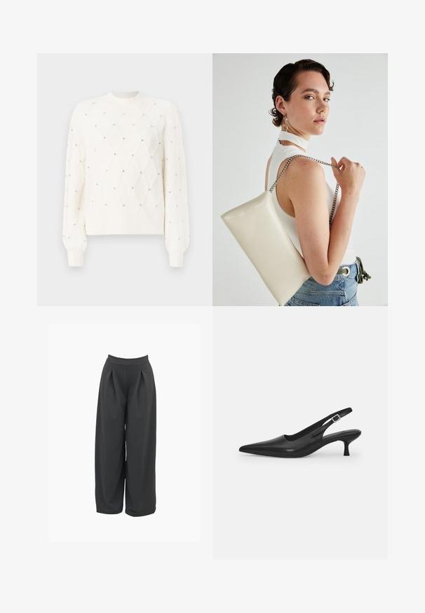 Bílý pletený svetr s diamantovým vzorem, ozdobený malými kamínky. Má žebrovaný kulatý výstřih a dlouhé rukávy.; Široké kalhoty v tmavě šedé barvě, s vysokým pasem, předními záhyby a hladkým texturou látky. Přizpůsobený design se volným střihem.; Černá kožená nazouvací bota se špičatou špičkou a štíhlým zakřiveným podpatkem. Obsahuje diskrétní nastavitelný pásek s kovovou sponou.; Bílá obdélníková psaníčko vyrobené z lesklého materiálu, se stříbrným řetízkovým popruhem. Modelka pózuje a předvádí tašku na jednobarevném pozadí.