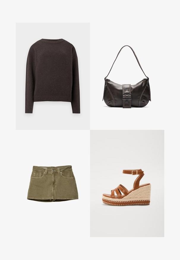 Tamno smeđi pulover s okruglim izrezom, dugim rukavima te rebrastim manžetama i donjim dijelom, prikazan sa stražnje strane na bijeloj pozadini.; Maslinzasta traper mini suknja s prednjim džepovima, ravnog kroja i dugmetom za zatvaranje. Mekana tekstura s vidljivim šavovima.; Smeđe kožne wedge sandale imaju tkanu jutu na potplatu, otvoren nožni dio s tri remena i kopču oko gležnja za sigurno prianjanje.; Smeđa kožna torba za rame s zakrivljenim oblikom, s istaknutim detaljem kopče, kontrastnim šavovima i jednim remenom za rame.