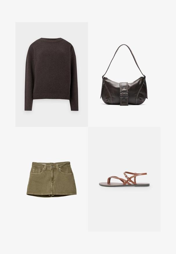 Mørkebrun crewneck sweater med lange ærmer samt ribbede manchetter og nederste kant, vist fra ryggen på en hvid baggrund.; Olivengrøn denim miniskørt med forlommer, lige snit og knaplukning. Blød tekstur med synlige syninger.; Brune læder flade sandaler med krydsede stropper, åben tå-design og en spænde ankelrem. Glat tekstur og minimalistisk stil.; Brun læder skuldertaske med en buet form, der har et fremtrædende spænde, kontrasterende syninger og en enkelt skulderrem.