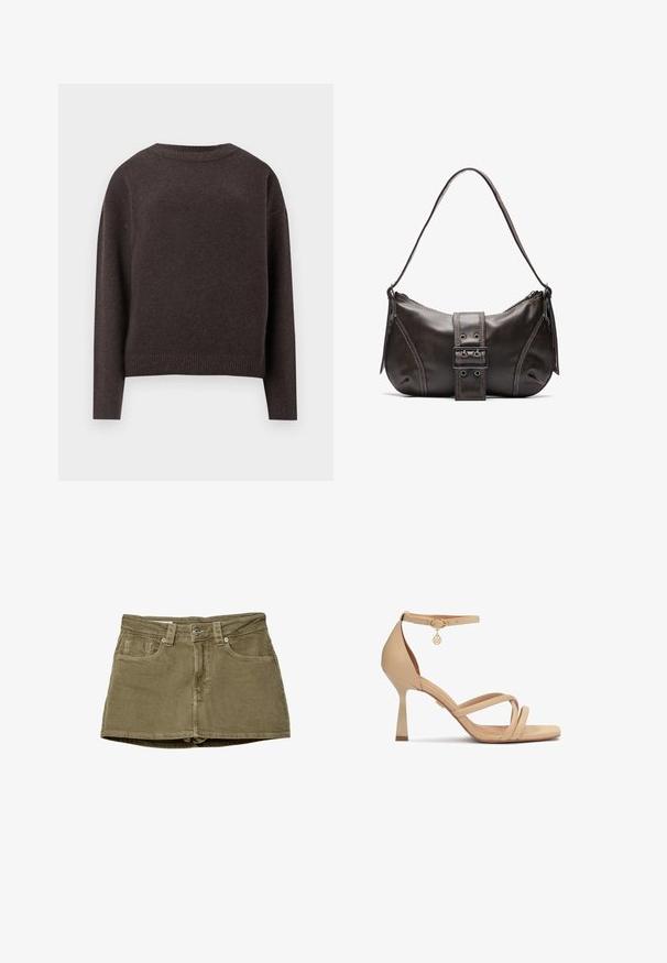 Tummanruskea puuvillapusero, jossa on pitkät hihat ja ribbireunat, näkyy takaa valkoista taustaa vasten.; Oliivinvihreä farkkuminihame, jossa on etutaskut, suora leikkaus ja nappikiinnitys. Pehmeä kangas, jossa näkyvät saumadetailit.; Nude nahkahigh heel sandaalit, joissa on nilkkahihna, risteilevät hihnat varpaissa, pyöreä varpaiskäyttölaatikko ja kultainen metalliyksityiskohta.; Ruskea nahkainen olkalaukku, jossa on kaareva muoto, erottuva solk yksityiskohta, kontrastivärinen ommel ja yksi olkahihna.