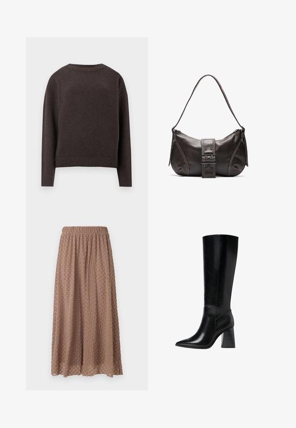 Temno rjav pulover s krožnim izrezom, dolgimi rokavi in rebrastimi manšetami ter robom, prikazan s hrbtne strani na beli podlagi.; Rjava, krila do kolen z elastičnim pasom, teksturirana tkanina z diamanti v svetlejšem odtenku, lahka in zračna.; Črne usnjene škornje do kolen s koničastim nosom, gladko teksturo in robustnim rebrastim peto za stabilnost. Elegantna oblika z minimalnimi poudarki.; Rjava usnjena torba za rame z ukrivljeno obliko, ki ima izrazit detajl s sponko, kontrastno šivanje in enojno naramnico.