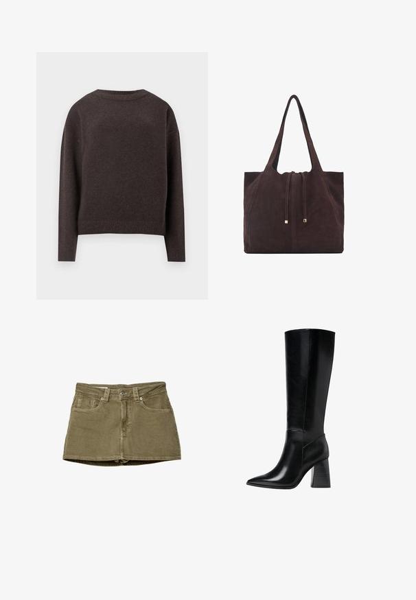 Tmavohnedý pulóver s okrúhlym výstrihom a dlhými rukávmi, so širokými manžetami a lemom, zobrazený zozadu na bielom pozadí.; Olivovozelená denimová minisukňa s prednými vreckami, rovný strih a zapínanie na gombík. Mäkká textúra s viditeľnými švovými detailmi.; Čierne kožené boty po kolená s špicatou špičkou, hladkou textúrou a hrubým, drážkovaným podpätkom pre stabilitu. Elegantný dizajn s minimálnymi akcentmi.; Mango Veľká kabelka - dark brown
