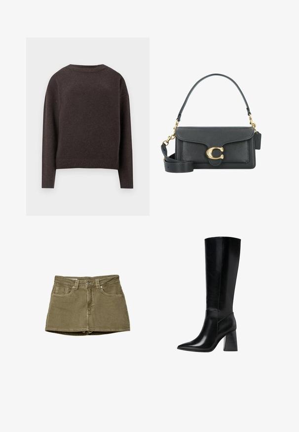 Tummanruskea puuvillapusero, jossa on pitkät hihat ja ribbireunat, näkyy takaa valkoista taustaa vasten.; Oliivinvihreä farkkuminihame, jossa on etutaskut, suora leikkaus ja nappikiinnitys. Pehmeä kangas, jossa näkyvät saumadetailit.; Polvisuoju mustat nahka-saappaat teräväkärkisillä, sileillä pinta-aloilla ja tukevalla uritetulla korolla vakauden saavuttamiseksi. Tyylikäs muotoilu, jossa on minimaaliset yksityiskohdat.; Mustapahalla varustettu käsilaukku, jossa on kultaiset yksityiskohdat, allekirjoitusklipsi, irrotettava olkahihna ja teksturoitu pinta.