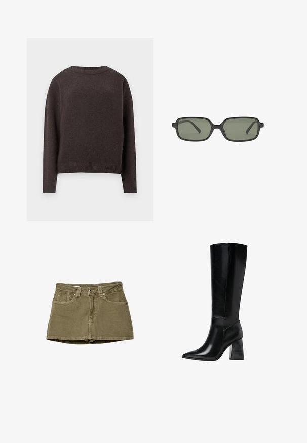 Un pull ras-du-cou brun foncé avec des manches longues et des poignets et un ourlet côtelés, vu de dos sur un fond blanc.; Jupe en denim vert olive, mini, avec poches avant, coupe droite et fermeture à bouton. Texture douce avec des détails de couture visibles.; Bottes en cuir noir arrivant au genou, avec un bout pointu, une texture lisse et un talon épais et cranté pour la stabilité. Design élégant avec des accents minimalistes.; Lunettes de soleil rectangulaires noires avec des verres verts foncés, présentant un design plat, des côtés minimalistes et une monture légère pour le confort.