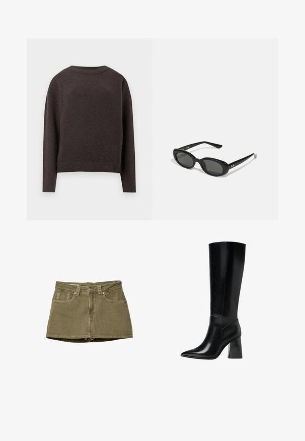 Dunkelbrauner Rundhalspullover mit langen Ärmeln sowie gerippten Bündchen und Saum, von hinten auf weißem Hintergrund gezeigt.; Olivgrüner Jeans-Minirock mit Fronttaschen, geradem Schnitt und Knopfverschluss. Weiche Textur mit sichtbaren Nähdetails.; Knöchelhohe schwarze Lederstiefel mit spitzem Schuhkopf, glatter Textur und einem stabilen, profilierten Blockabsatz. Schlankes Design mit minimalen Akzenten.; Schwarze Sonnenbrille mit ovalen Gläsern, glänzendem Kunststoffrahmen und schlanken Bügeln. Mit Ray-Ban-Logo in Weiß an der Seite.