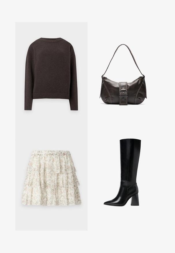 Tmavohnedý pulóver s okrúhlym výstrihom a dlhými rukávmi, so širokými manžetami a lemom, zobrazený zozadu na bielom pozadí.; Biela sukňa s vrstveným, volánkovým dizajnom. Obsahuje jemný kvetinový vzor v ružovej a zelenej farbe. Elastický pás pre pohodlie.; Čierne kožené boty po kolená s špicatou špičkou, hladkou textúrou a hrubým, drážkovaným podpätkom pre stabilitu. Elegantný dizajn s minimálnymi akcentmi.; Hnedá kožená taška cez plece s zakriveným tvarom, s výrazným detailom sponky, kontrastným prešívaním a jedným popruhom na plece.