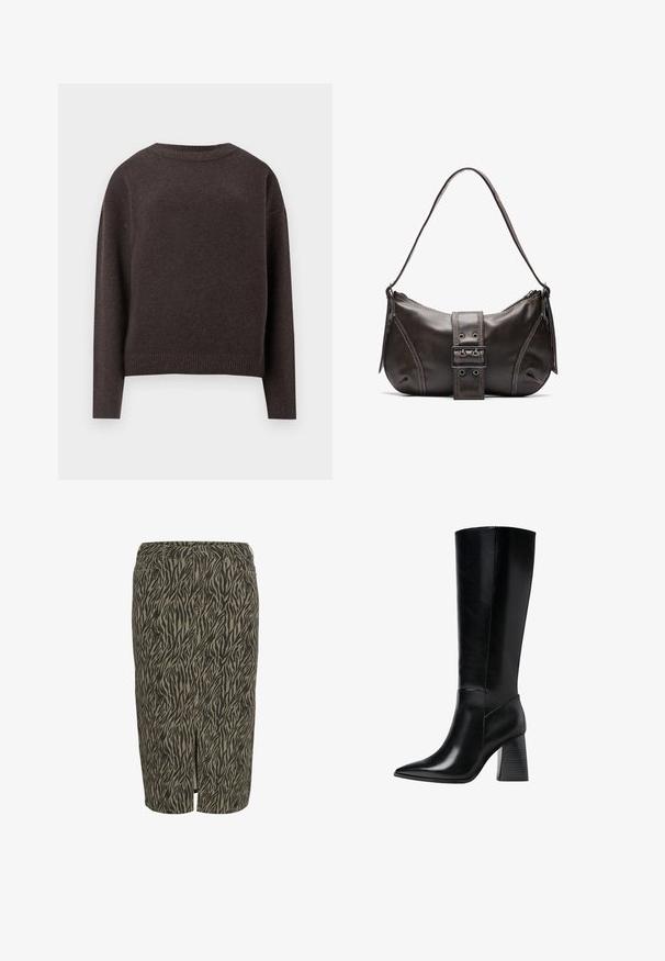 Maglione girocollo marrone scuro con maniche lunghe e polsini e orlo a costine, mostrato da dietro su uno sfondo bianco.; Gonna a matita marrone e beige con motivo a strisce di tigre, realizzata in un tessuto testurizzato, con un dettaglio slit nella parte anteriore.; Stivali neri in pelle al ginocchio con punta affilata, texture liscia e tacco robusto scalanato per stabilità. Design elegante con accentuazioni minime.; Borsa a spalla in pelle marrone con una forma curvata, caratterizzata da un evidente dettaglio a fibbia, cuciture a contrasto e una sola tracolla.