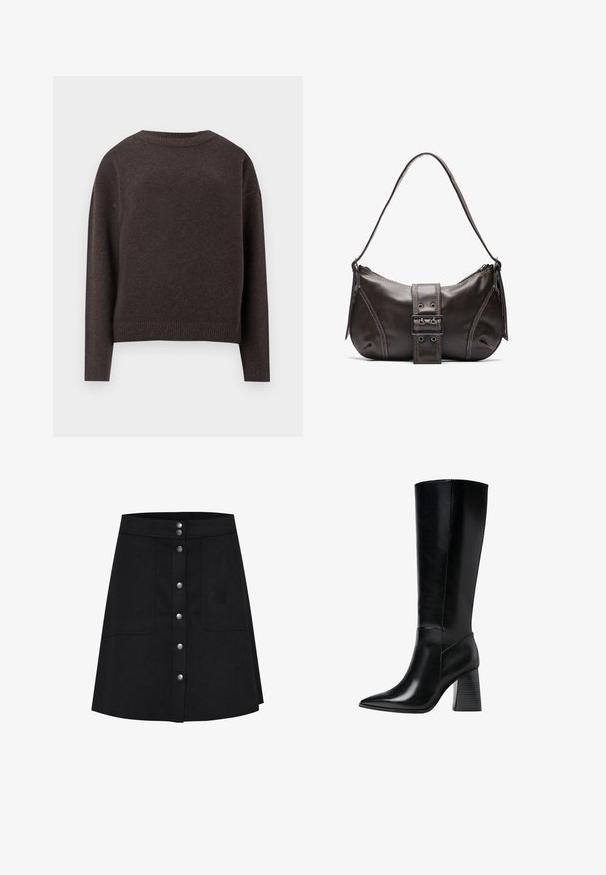 Tummanruskea puuvillapusero, jossa on pitkät hihat ja ribbireunat, näkyy takaa valkoista taustaa vasten.; Musta A-linjan hame, joka on valmistettu teksturoidusta kankaasta. Hameessa on etupainike, kaksi sivutaskua ja polveen ulottuva helma.; Polvisuoju mustat nahka-saappaat teräväkärkisillä, sileillä pinta-aloilla ja tukevalla uritetulla korolla vakauden saavuttamiseksi. Tyylikäs muotoilu, jossa on minimaaliset yksityiskohdat.; Ruskea nahkainen olkalaukku, jossa on kaareva muoto, erottuva solk yksityiskohta, kontrastivärinen ommel ja yksi olkahihna.