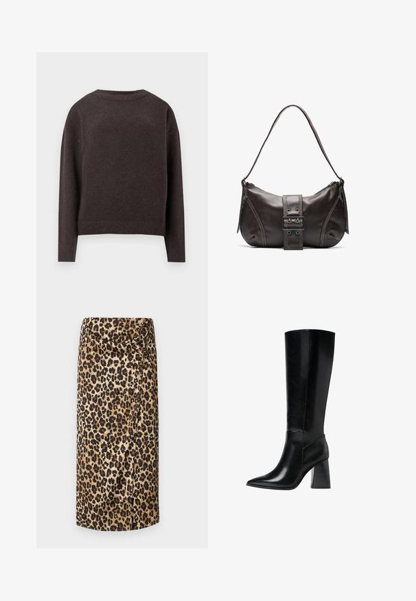 Tmavohnedý pulóver s okrúhlym výstrihom a dlhými rukávmi, so širokými manžetami a lemom, zobrazený zozadu na bielom pozadí.; Sukňa midi s leopardím vzorom, hodvábna textúra, neutrálna béžová na pozadí s čiernymi a hnedými škvrnami, drapovaný dizajn s krúteným detailom v oblasti pásu.; Čierne kožené boty po kolená s špicatou špičkou, hladkou textúrou a hrubým, drážkovaným podpätkom pre stabilitu. Elegantný dizajn s minimálnymi akcentmi.; Hnedá kožená taška cez plece s zakriveným tvarom, s výrazným detailom sponky, kontrastným prešívaním a jedným popruhom na plece.