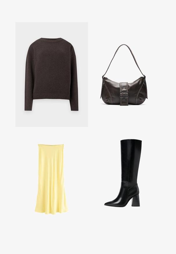Dunkelbrauner Rundhalspullover mit langen Ärmeln sowie gerippten Bündchen und Saum, von hinten auf weißem Hintergrund gezeigt.; Gelbes Satin-Maxikleid mit fließender Silhouette. Es hat einen gerafften Ausschnitt und eine sanfte Textur, ideal für lässiges Tragen.; Knöchelhohe schwarze Lederstiefel mit spitzem Schuhkopf, glatter Textur und einem stabilen, profilierten Blockabsatz. Schlankes Design mit minimalen Akzenten.; Braune Lederumhängetasche mit gebogener Form, die mit einem auffälligen Schnallendetail, kontrastierenden Nähten und einem einzigen Schulterriemen ausgestattet ist.