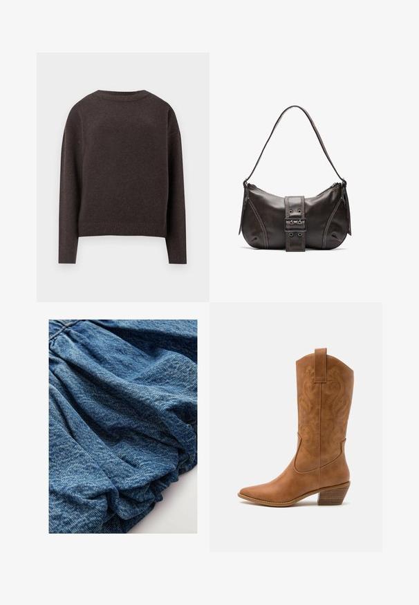 Maglione girocollo marrone scuro con maniche lunghe e polsini e orlo a costine, mostrato da dietro su uno sfondo bianco.; Tessuto denim di un blu intenso, caratterizzato da una texture arricciata che crea morbide pieghe. Superficie liscia con leggere variazioni di colore.; Stivale cowboy in pelle marrone chiaro con punta affusolata, modelli ricamati a spirale sull'asta e tacco a blocco impilato. Presenta una linguetta per una facile calzata.; Borsa a spalla in pelle marrone con una forma curvata, caratterizzata da un evidente dettaglio a fibbia, cuciture a contrasto e una sola tracolla.