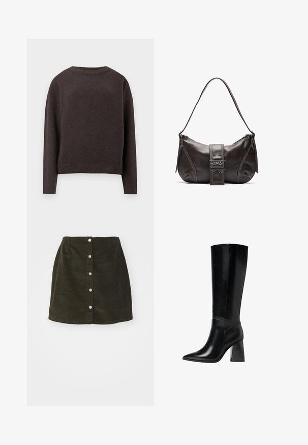 Mörkbrun stickad tröja med lång ärm och ribbade muddar och hems, visad från baksidan på en vit bakgrund.; Mörkgrön kordjerock med a-linjeform, knäppning fram och subtil ribbad textur. Längd till mitten av låret och enkel fåll.; Knä höga svarta läderstövlar med spetsig tå, slät yta och en robust räfflad klack för stabilitet. Strömlinjeformad design med minimala detaljer.; Brun läderaxelväska med en krökt form, med en framträdande spänndetalj, kontrasterande sömmar och en enkel axelrem.; Guldörhängen i form av hoops med en slät, rundad design och en glansig yta. Lätt konstruktion med en säker kläppen.