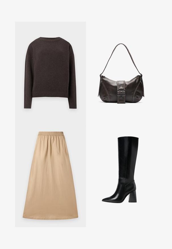 Tamno smeđi pulover s okruglim izrezom, dugim rukavima te rebrastim manžetama i donjim dijelom, prikazan sa stražnje strane na bijeloj pozadini.; Bež dugačka suknja od lagane tkanine, s elastičnom gumicom u struku i glatkom teksturom, s ravnim, lepršavim dizajnom.; Crne kožne čizme do koljena s šiljastim vrhom, glatkom teksturom i debelim rebrastim potplatom za stabilnost. Moderne linije s minimalnim naglascima.; Smeđa kožna torba za rame s zakrivljenim oblikom, s istaknutim detaljem kopče, kontrastnim šavovima i jednim remenom za rame.