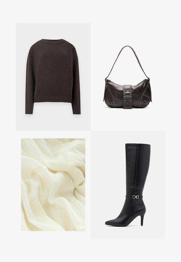 Tmavohnedý pulóver s okrúhlym výstrihom a dlhými rukávmi, so širokými manžetami a lemom, zobrazený zozadu na bielom pozadí.; Zvrásnená biela látka s jemnou, priesvitnou textúrou. Materiál má ľahký, splývavý vzhľad s jemnými odtieňovými variáciami.; Čierne kožené čižmy po kolená s špicatou špičkou, vysokým opätkom a strieborným prackovým akcentom na členkovom remienku. Hladká textúra a elegantný dizajn.; Hnedá kožená taška cez plece s zakriveným tvarom, s výrazným detailom sponky, kontrastným prešívaním a jedným popruhom na plece.