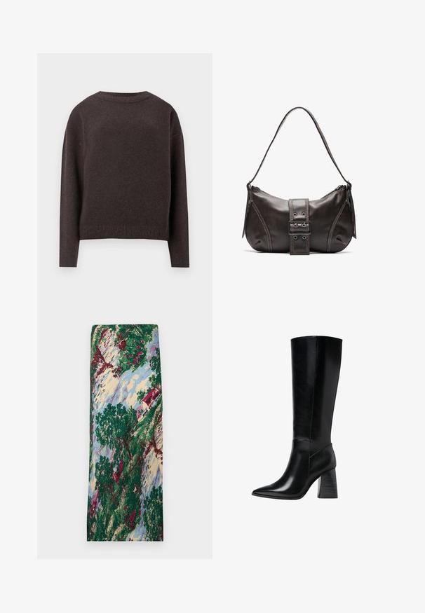 Tmavě hnědý svetřík s kulatým výstřihem a dlouhými rukávy, se žebrovanými manžetami a spodním lemem, zobrazený zezadu na bílém pozadí.; Tkanina s potiskem zobrazující krajinnou scénu s zelenými stromy, červenými květinami, domem se červenou střechou a modrou oblohou. Hladká textura.; Černé kožené boty po kolena s špičatou špičkou, hladkým povrchem a robustním vroubkovaným podpatkem pro stabilitu. Elegantní design s minimálními akcenty.; Hnědá kožená taška přes rameno s zakřiveným tvarem, s výrazným detailem přezky, kontrastním prošíváním a jedním popruhem na rameno.